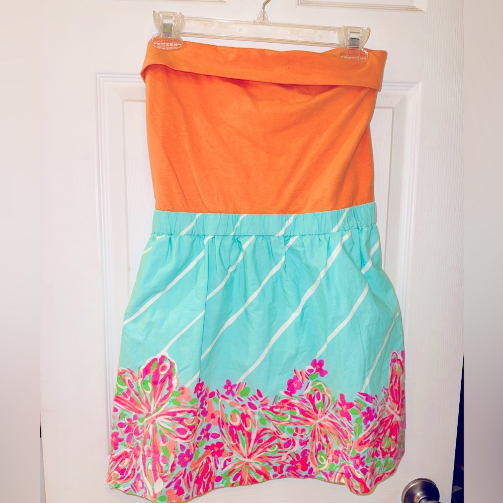 Lilly Pulitzer orange/aqua strapless pull in dress size Small it has POCKETS